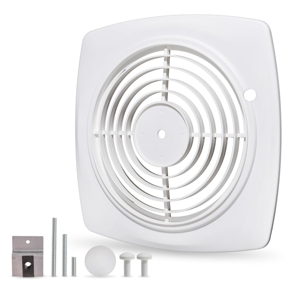 White 11.5-inch bathroom exhaust fan cover replacement for Nutone Broan wall fans with included mounting hardware.