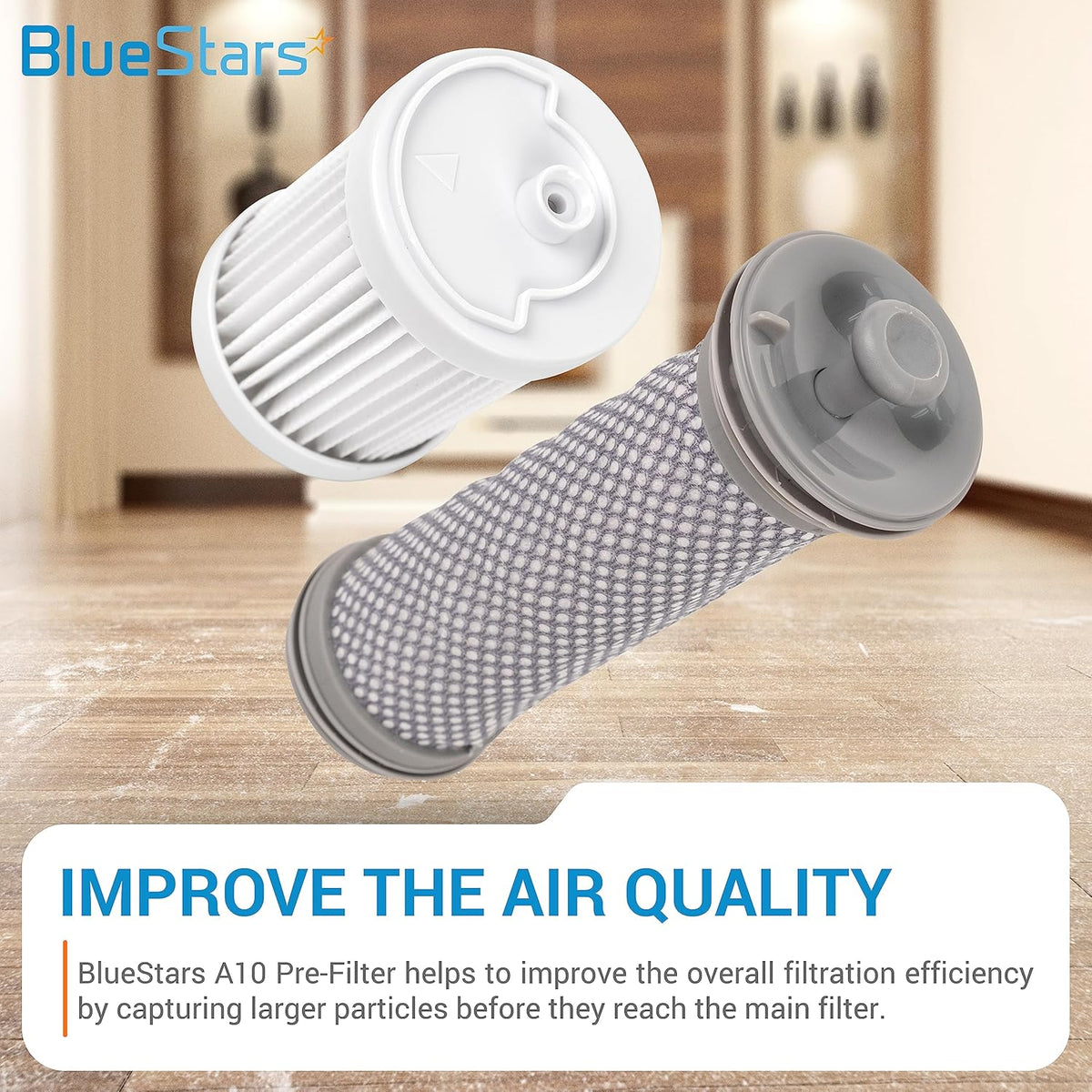 BlueStars replacement pre-filter and HEPA filter for Tineco A10, A11, and PURE ONE S11 cordless vacuum cleaners.