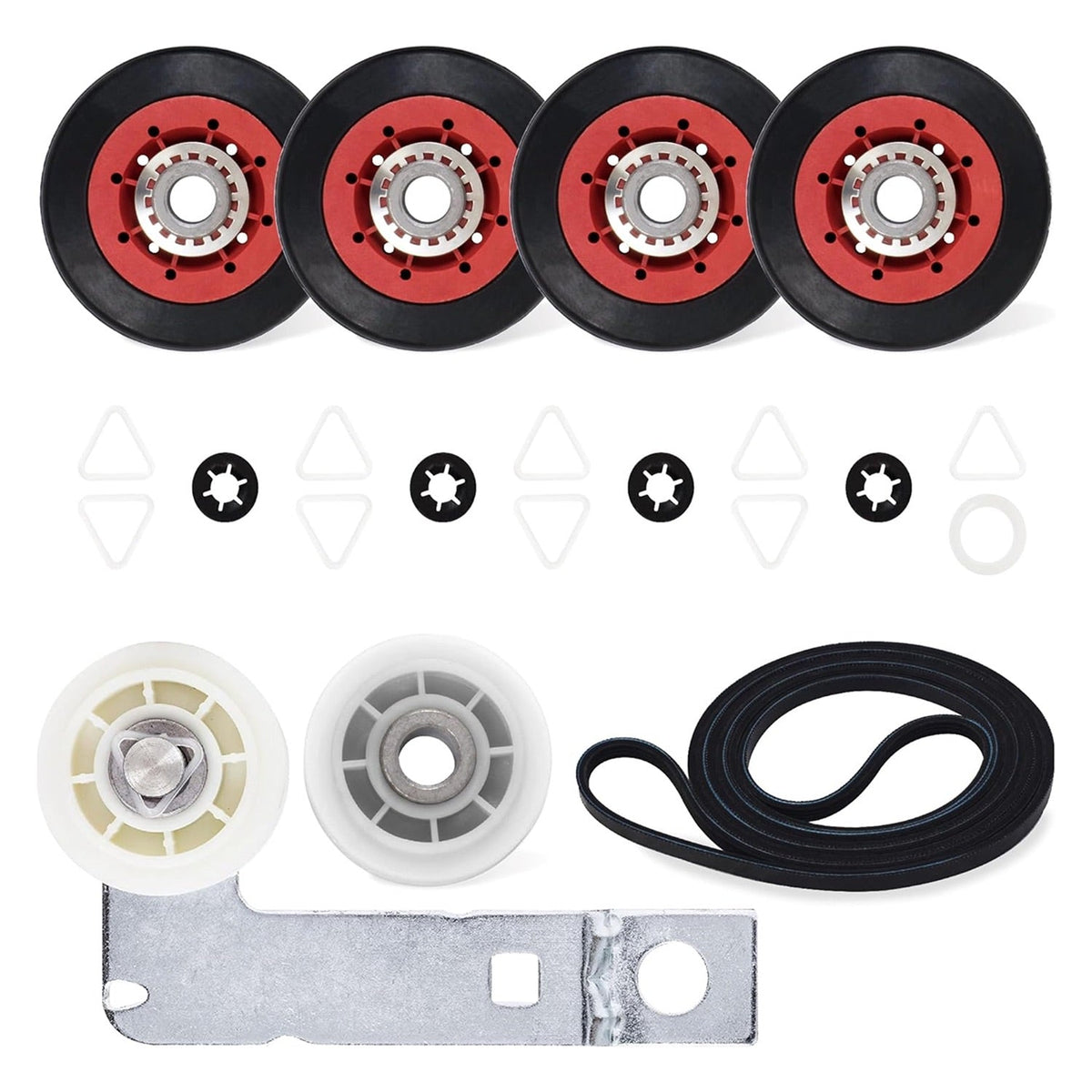 Dryer repair kit with four red idler pulleys, white wheels, metal bracket, drive belt, and hardware for Whirlpool dryers.
