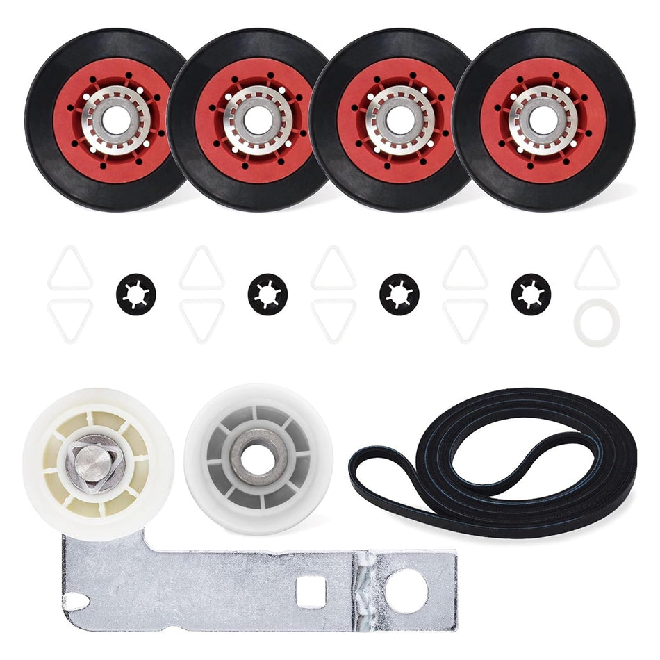 Dryer repair kit with four red idler pulleys, white wheels, metal bracket, drive belt, and hardware for Whirlpool dryers.