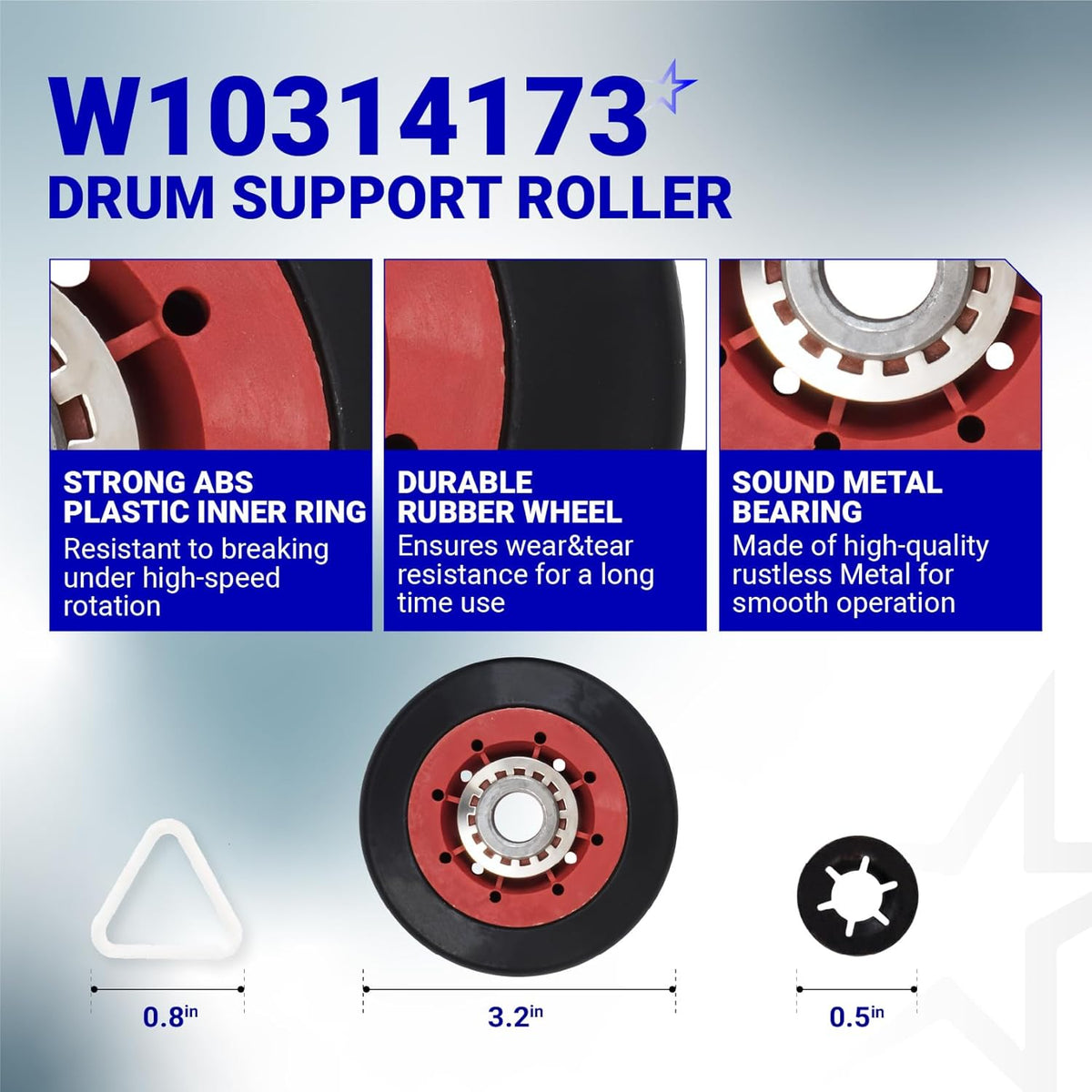 W10314173 dryer drum support roller with metal bearing, rubber wheel, and hardware with dimension labels.