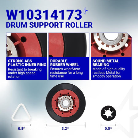 W10314173 dryer drum support roller with metal bearing, rubber wheel, and hardware with dimension labels.