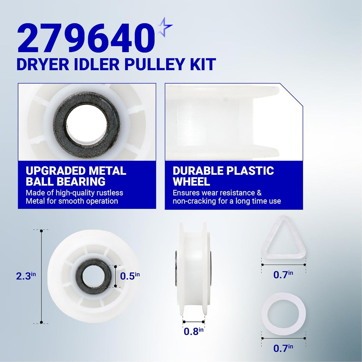 279640 dryer idler pulley kit with metal ball bearing, plastic wheel, and dimensions shown in technical diagram.