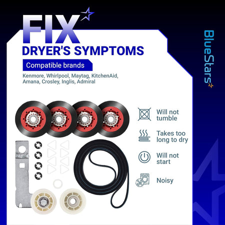 Dryer repair kit with idler pulley, belt, and rollers for Whirlpool, Maytag, and Kenmore dryers showing common symptoms.