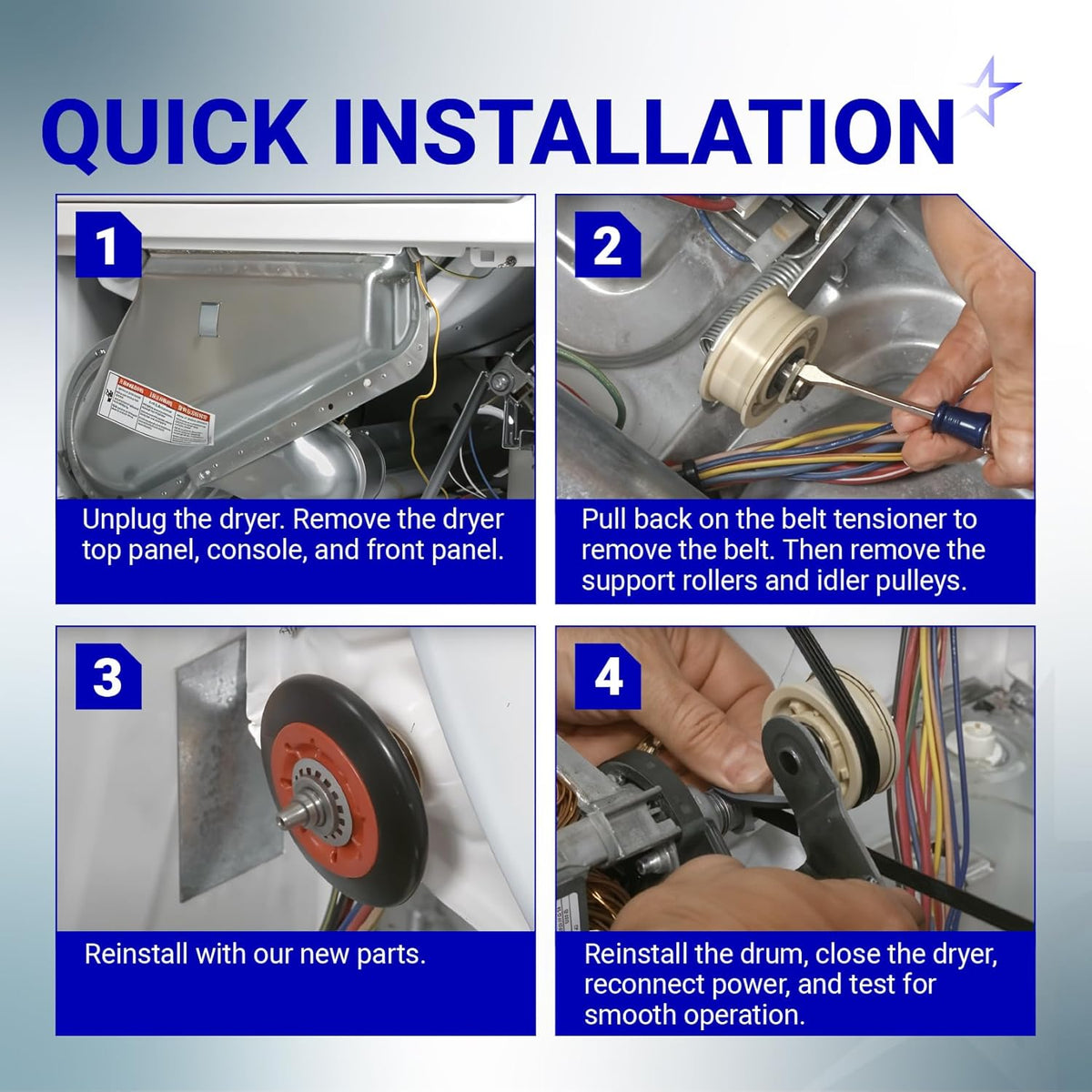 Four-step installation guide for Whirlpool dryer repair kit and idler pulley replacement.