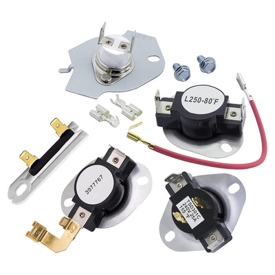 Dryer repair kit components including thermal fuses, thermostats, and mounting hardware for Whirlpool dryers.