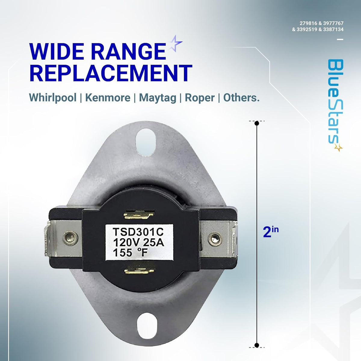 Dryer thermal fuse replacement part for Whirlpool dryers with 2-inch mounting bracket dimensions.