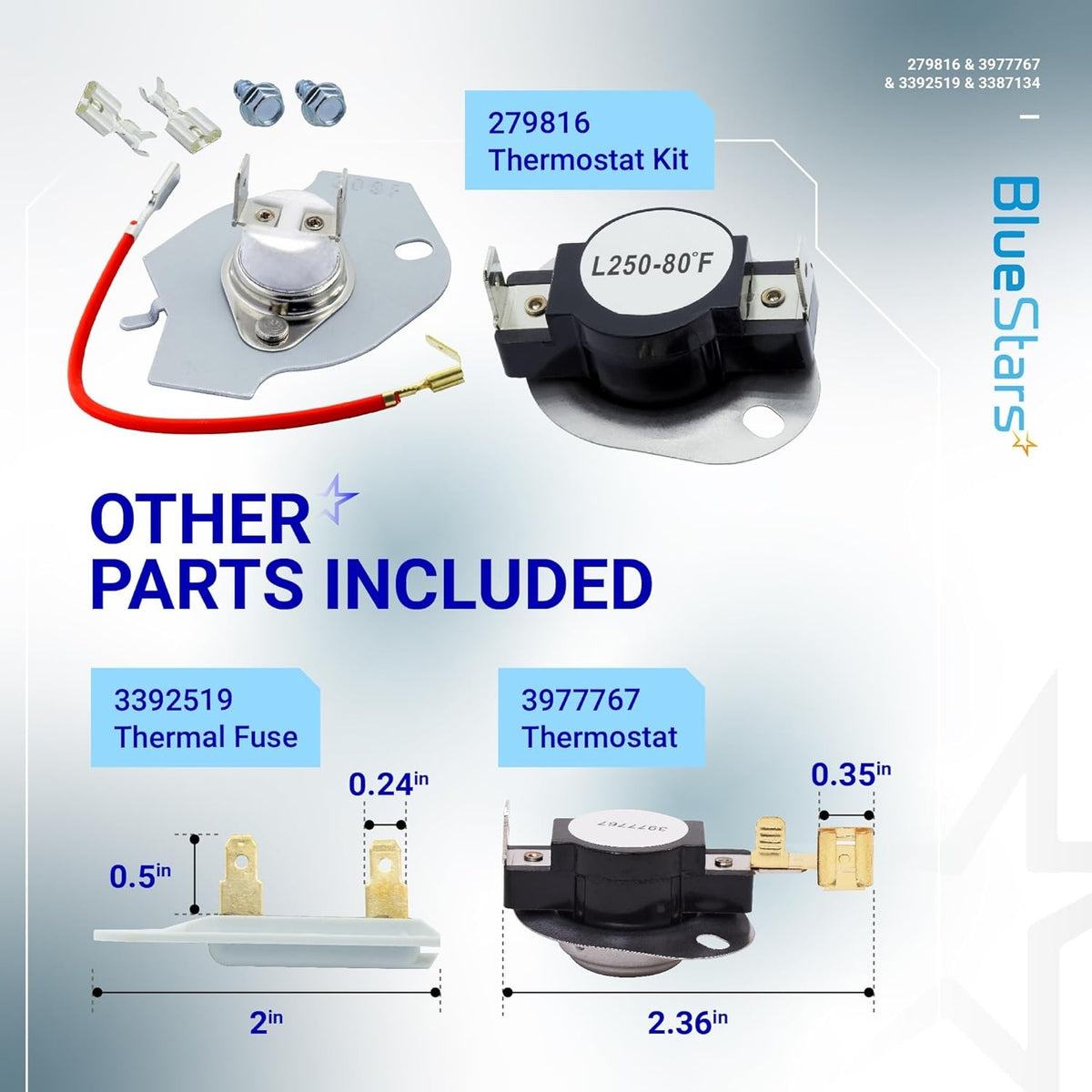 Whirlpool dryer repair kit components including thermostats and thermal fuse with dimensions and part numbers.