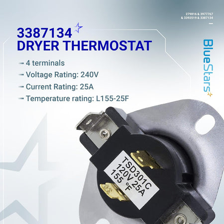3387134 dryer thermostat replacement part with 4 terminals for Whirlpool dryers.