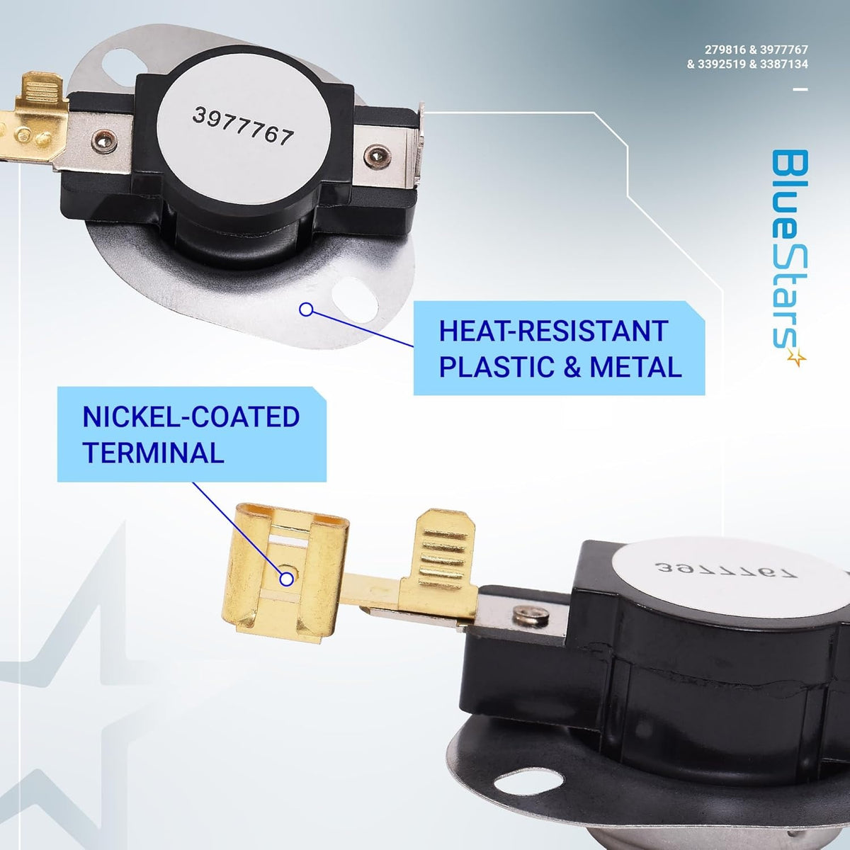 Whirlpool dryer thermal fuse 3977767 with heat-resistant housing and nickel-coated terminal.