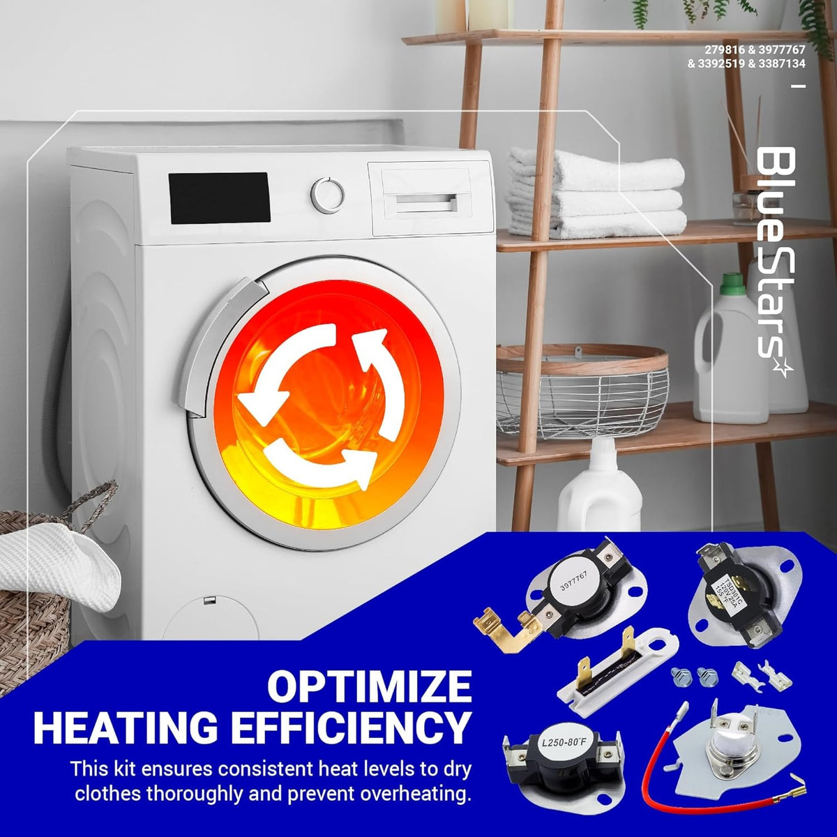 Dryer repair kit components including thermostats and thermal fuses for Whirlpool dryers.
