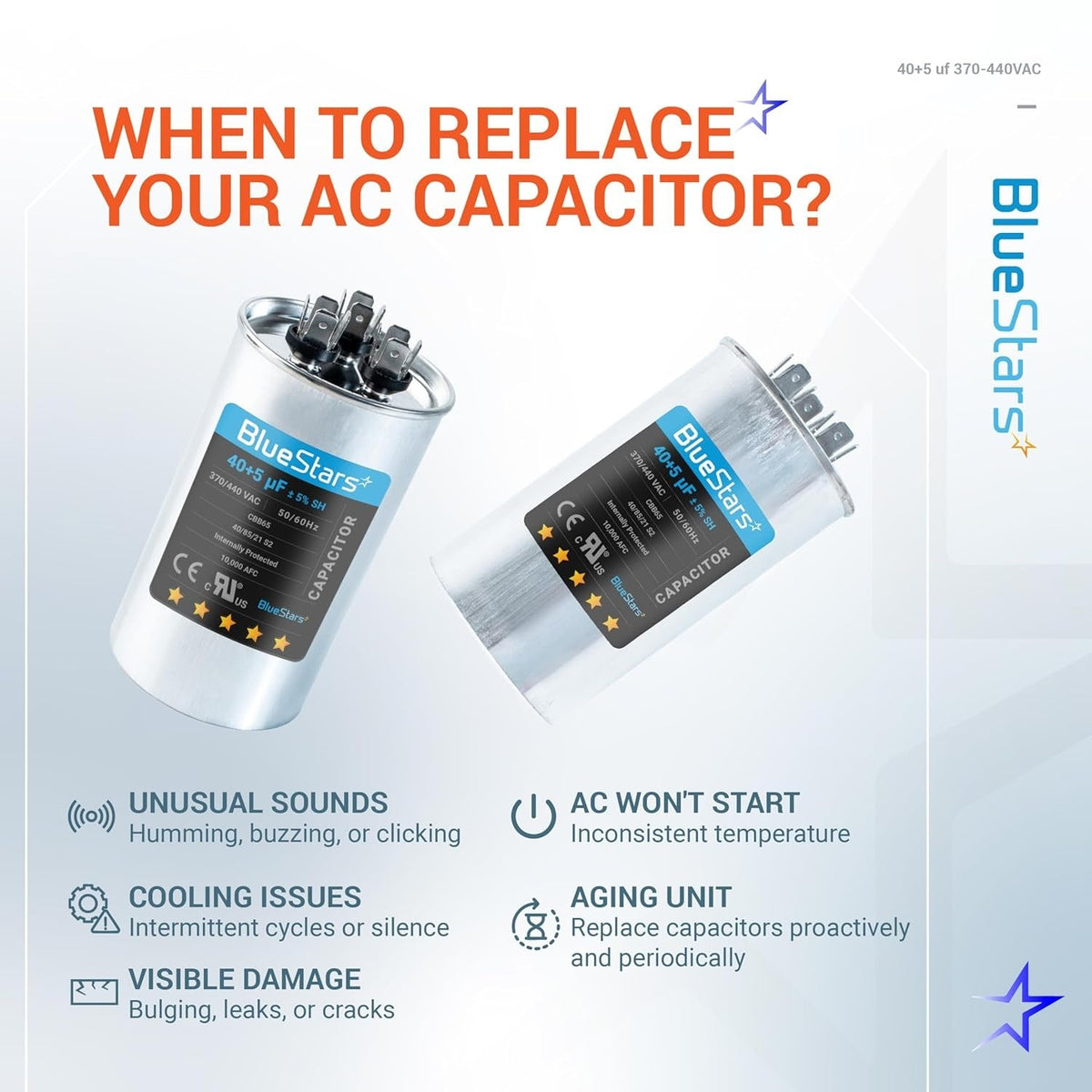 Infographic showing two 40+5 uF 370/440 VAC dual run capacitors and signs indicating when to replace an AC capacitor.