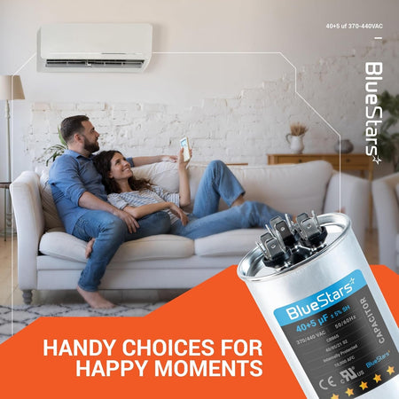 40+5 uF 370/440 VAC round dual run capacitor for air conditioner and heat pump systems.