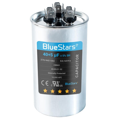 BlueStars 40+5 uF 370/440 VAC round dual run capacitor for air conditioner and heat pump systems.
