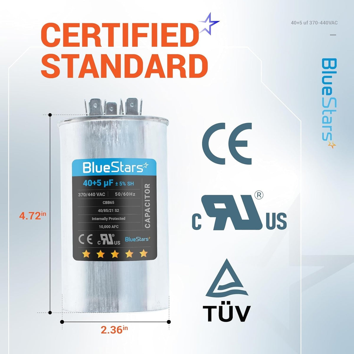 BlueStars 40+5 uF 370/440 VAC round dual run capacitor with technical dimensions and safety certification labels.