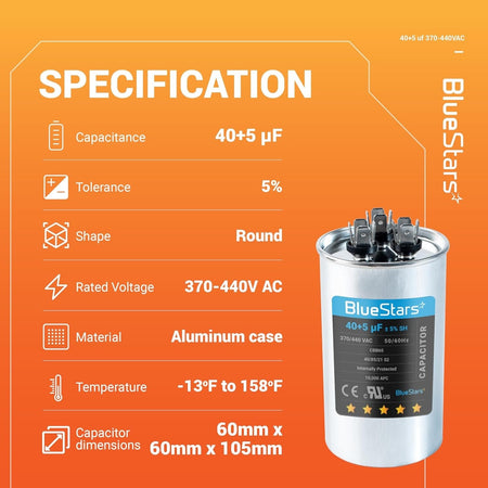 Technical specification chart for 40+5 uF 370/440 VAC round dual run capacitor for air conditioner and heat pump.
