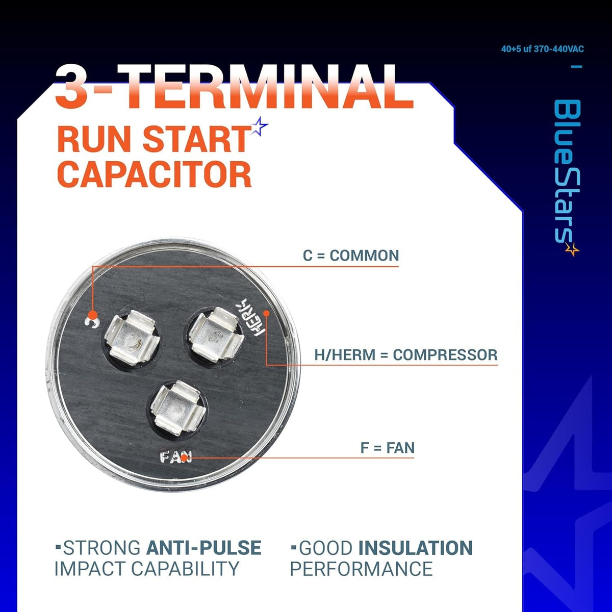 Diagram of 40+5 uF dual run capacitor showing C, HERM, and FAN terminal labels for air conditioner and heat pump repair.
