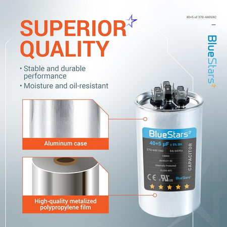 BlueStars 40+5 uF 370/440 VAC round dual run capacitor with aluminum case and metalized polypropylene film construction.