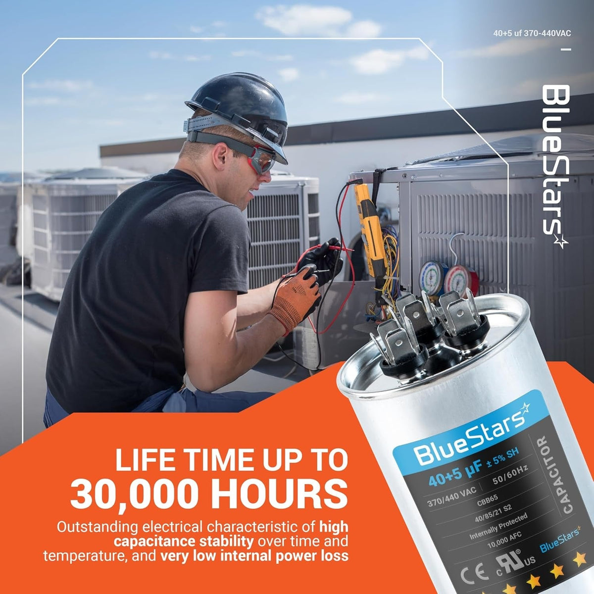 BlueStars 40+5 uF 370/440 VAC round dual run capacitor for air conditioner and heat pump maintenance.
