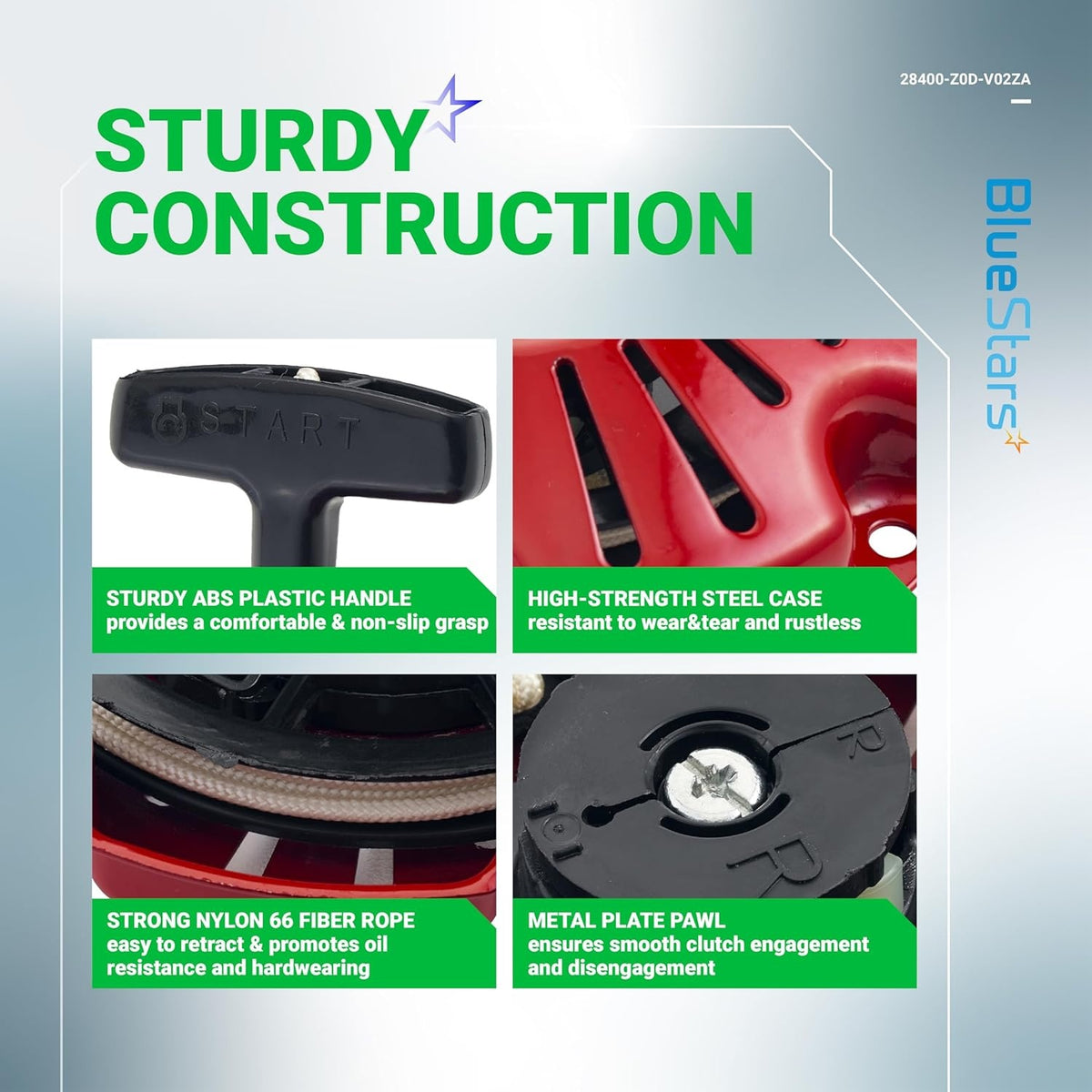 Infographic showing construction details of a recoil starter for Honda GX100 engines including handle, case, rope, and pawl.