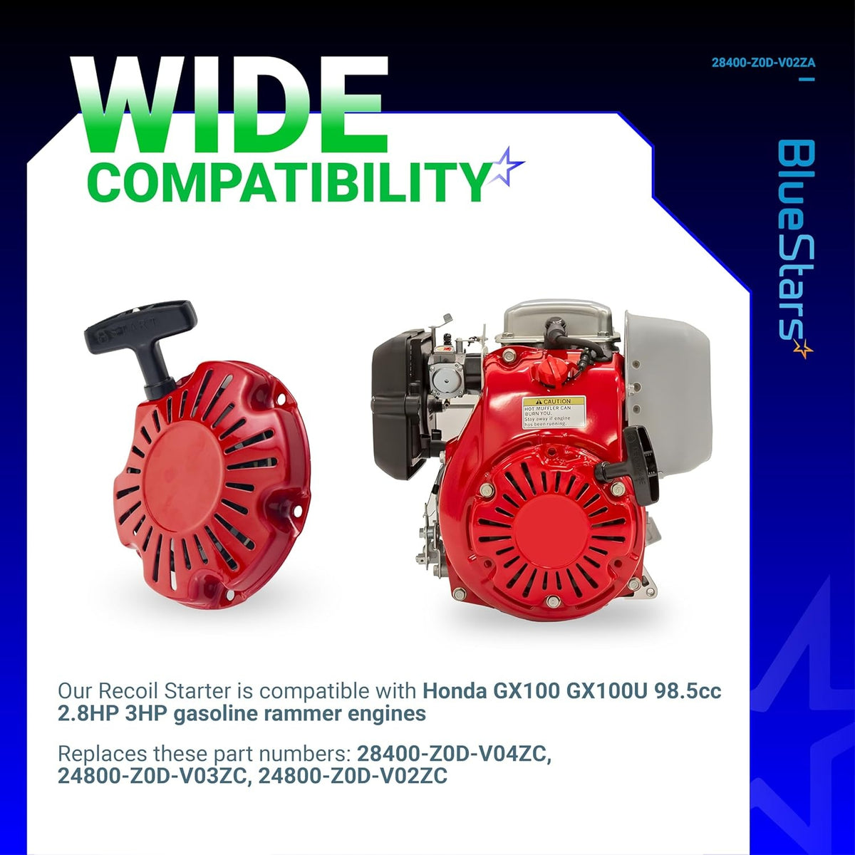 Recoil starter assembly for Honda GX100 and GX100U rammer engines shown with compatible motor.
