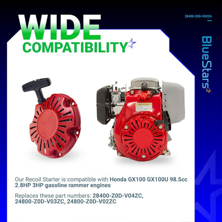 Recoil starter assembly for Honda GX100 and GX100U rammer engines shown with compatible motor.