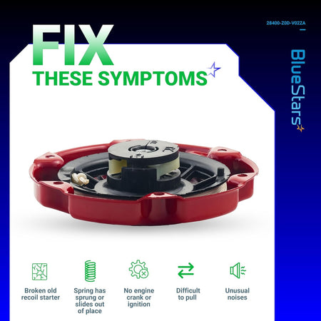 Red recoil starter for Honda GX100 rammer engine, shown with symptom troubleshooting guide.