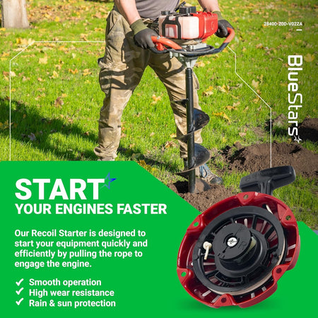 Red recoil starter assembly for Honda GX100 rammer engine, shown with product features and application graphic.