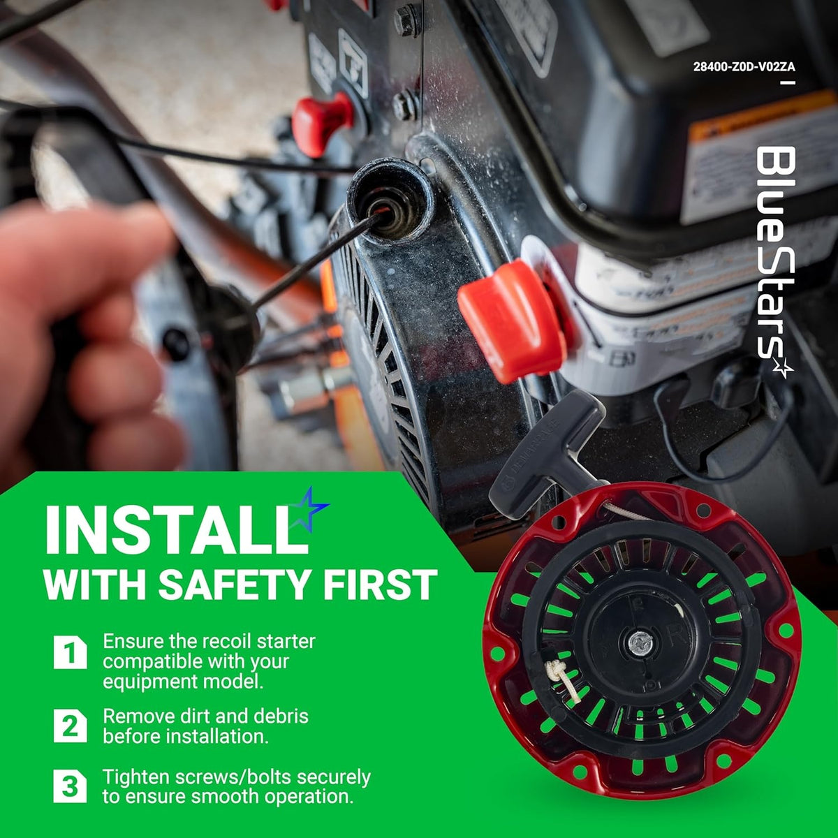 Recoil starter for Honda GX100 rammer engine with installation safety instructions and product view.