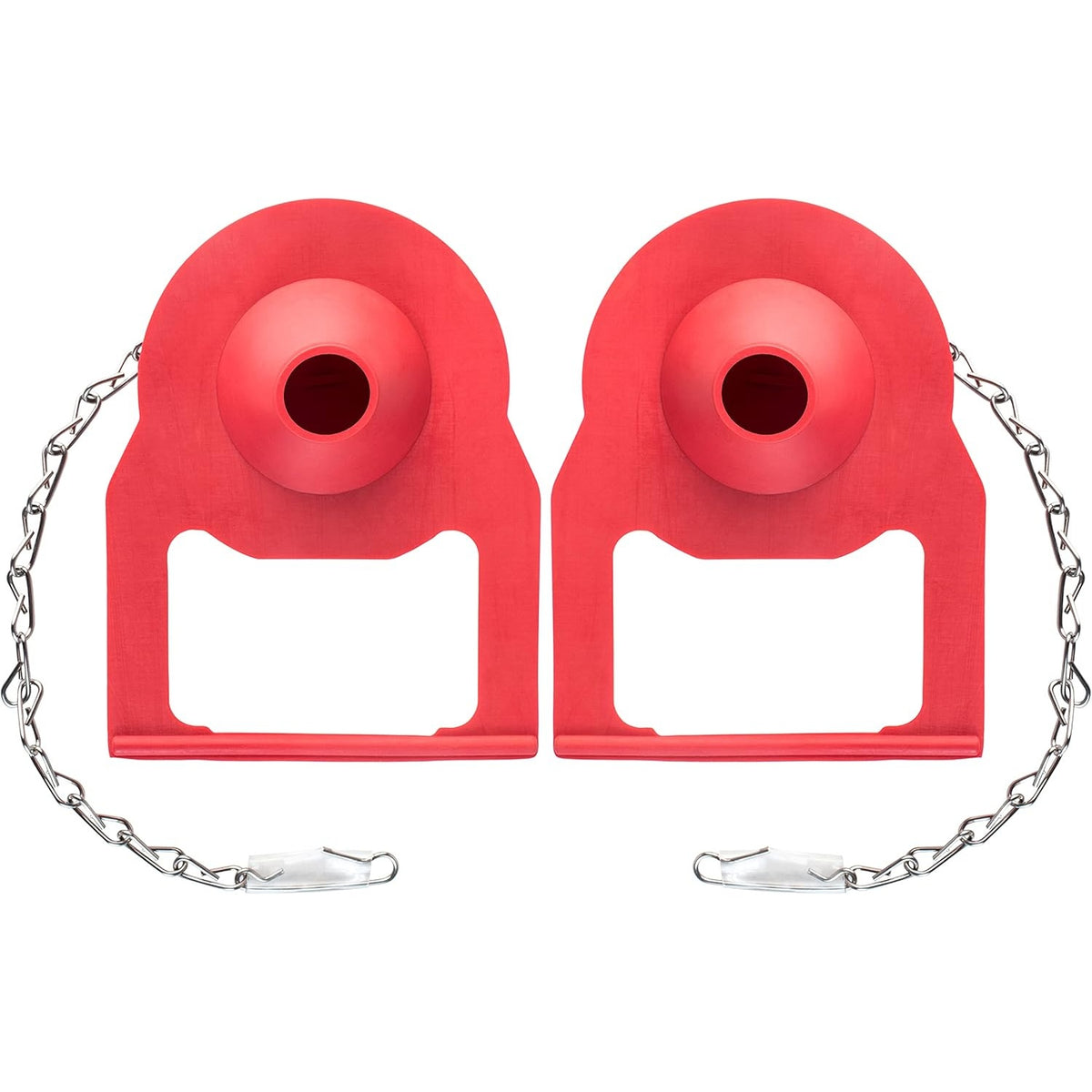 Two red replacement toilet flappers with metal chains, compatible with Kohler toilets.