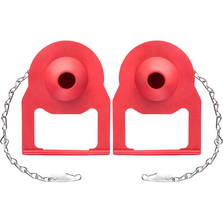 Two red replacement toilet flappers with metal chains, compatible with Kohler toilets.