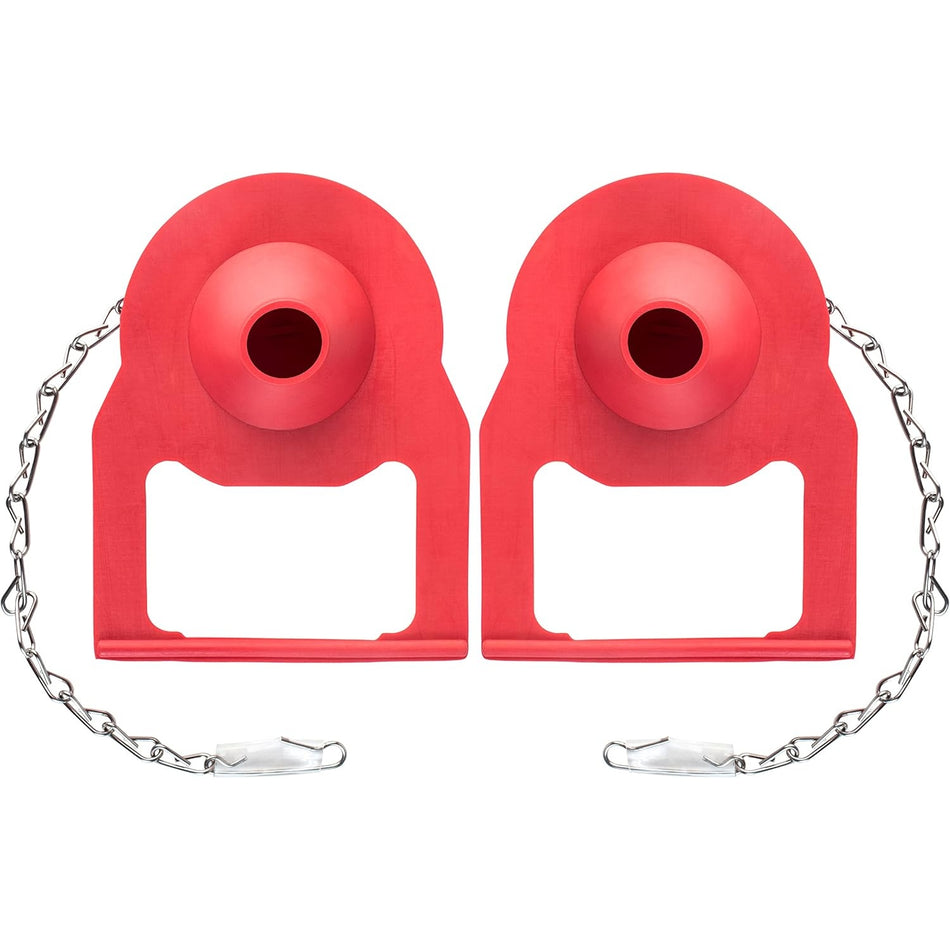 Two red replacement toilet flappers with metal chains, compatible with Kohler toilets.