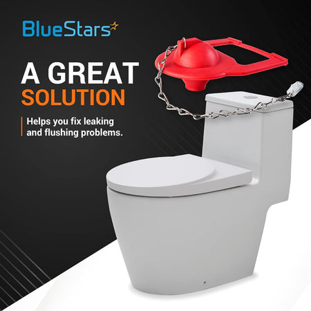 Red toilet flapper with chain for Kohler toilets, shown with a model toilet to illustrate leak repair.
