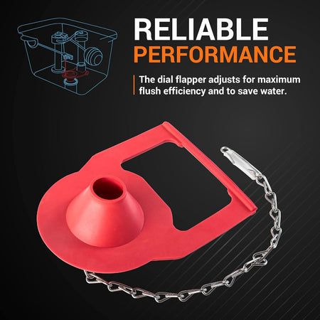 Red adjustable toilet flapper with chain for Kohler toilets, shown in an informational product graphic.