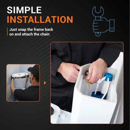 Installation guide showing how to attach the chain to a Kohler toilet flapper inside the tank.