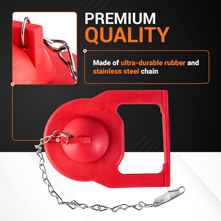 Red rubber toilet flapper with stainless steel chain for Kohler toilets, showing close-up of attachment hook.