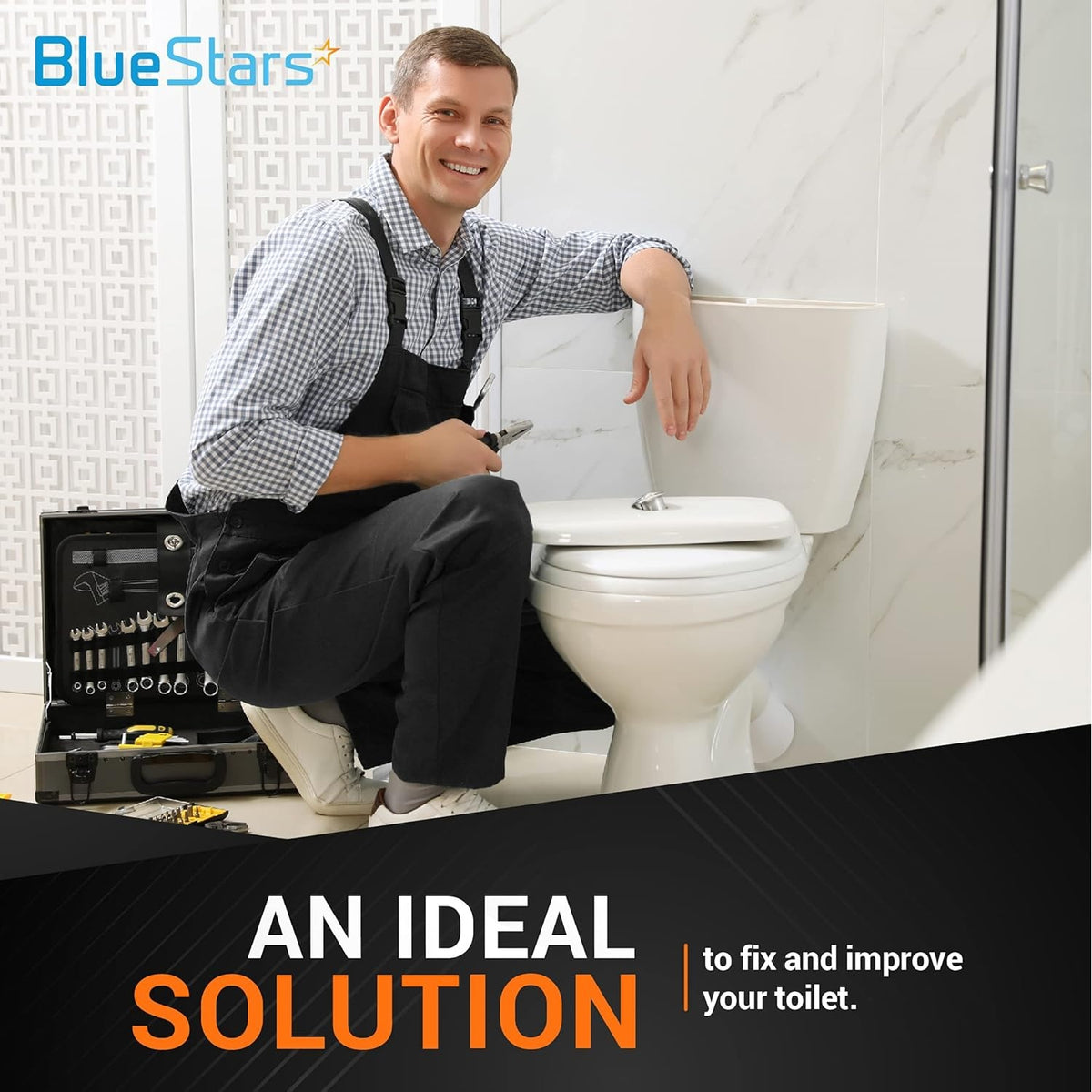Professional plumber repairing a Kohler toilet with tools, representing the ideal solution for toilet flapper replacement.