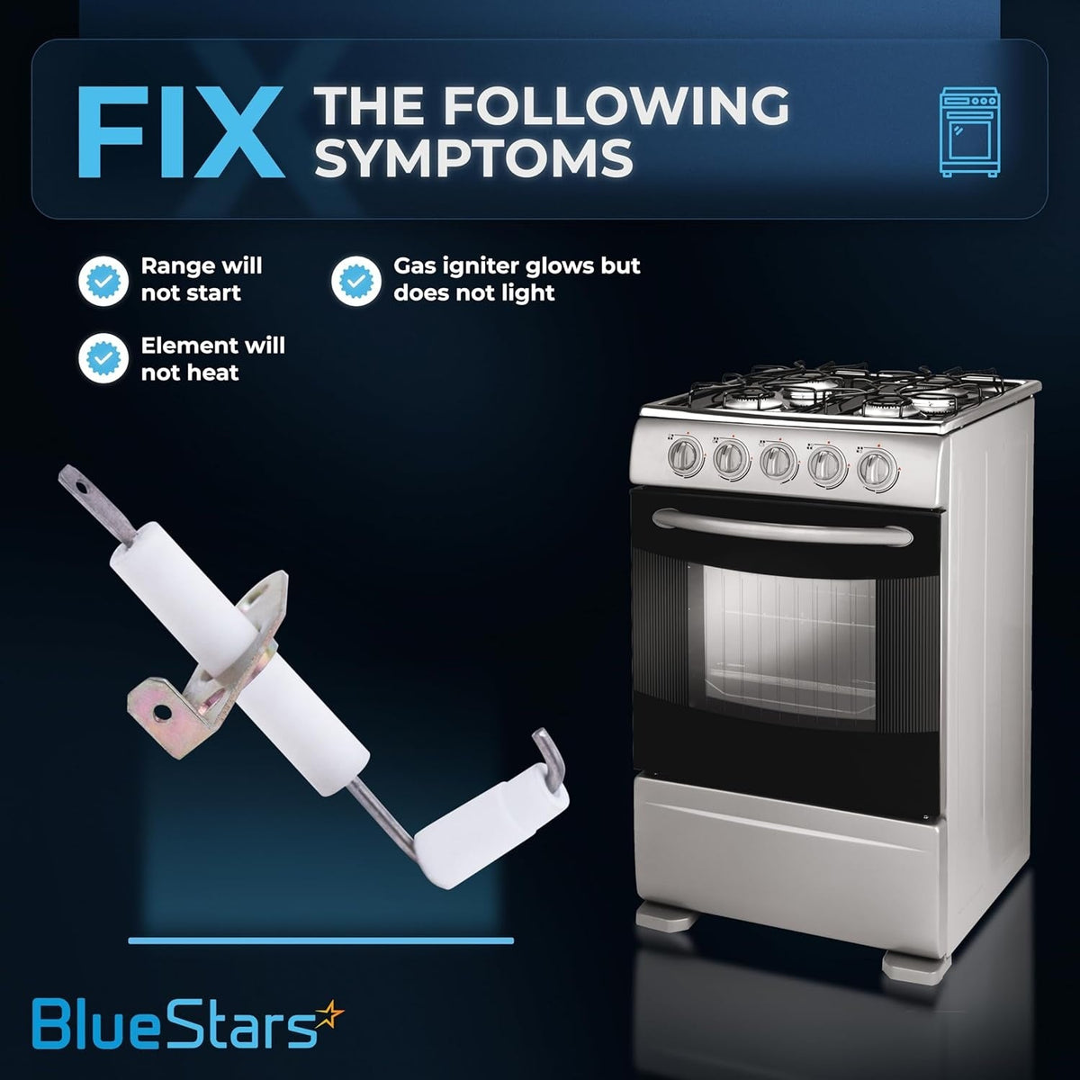 Infographic showing 74004053 range top burner igniter and common stove repair symptoms.