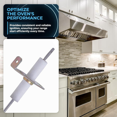 74004053 range top burner igniter replacement part shown against a kitchen stove background.