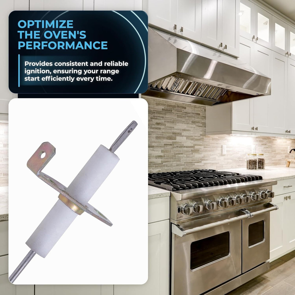 74004053 range top burner igniter replacement part shown against a kitchen stove background.