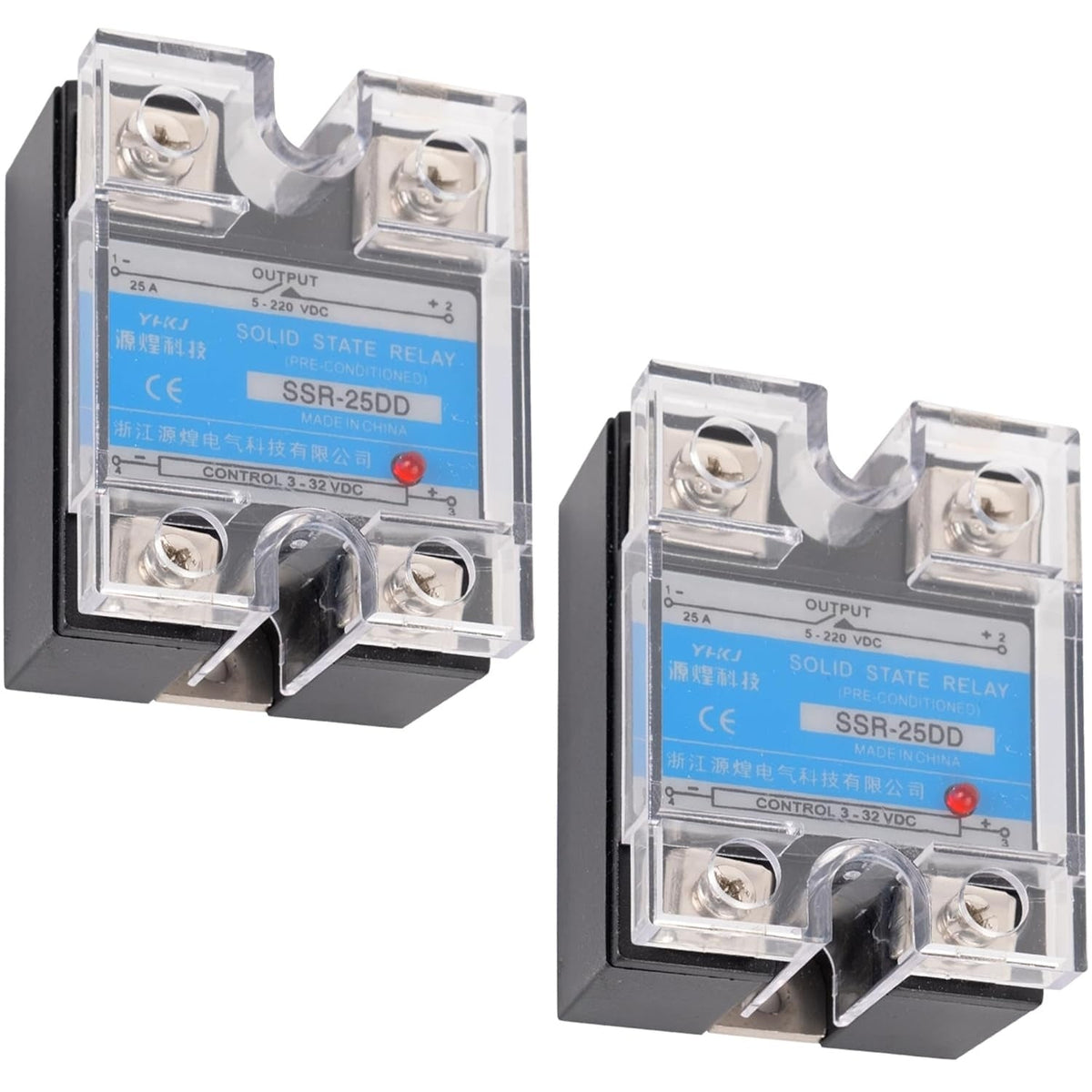 Two SSR-25DD solid state relays with clear protective covers and blue labels.