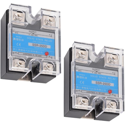 Two SSR-25DD solid state relays with clear protective covers and blue labels.