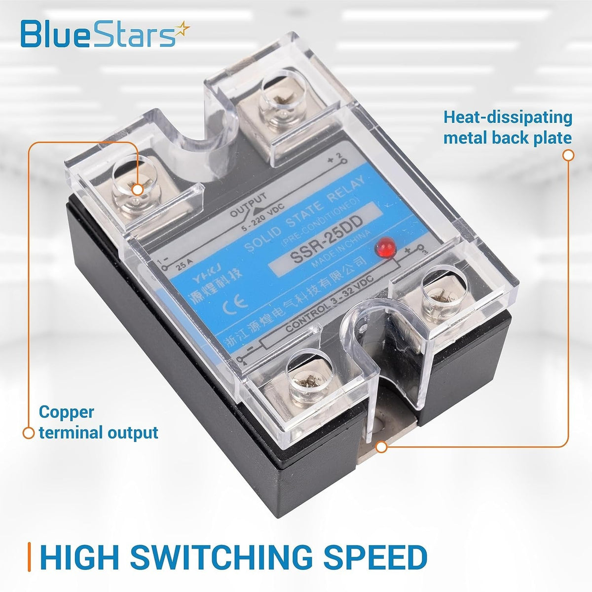 Single SSR-25DD solid state relay with copper terminal outputs and heat-dissipating metal back plate.