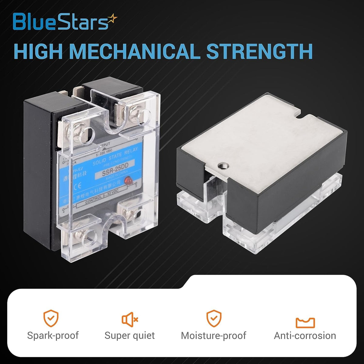 Two SSR-25DD solid state relays shown from front and back angles with technical feature icons.