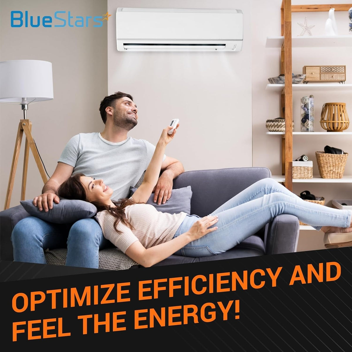 Couple relaxing on a couch using a remote to control a wall-mounted BlueStar air conditioner.