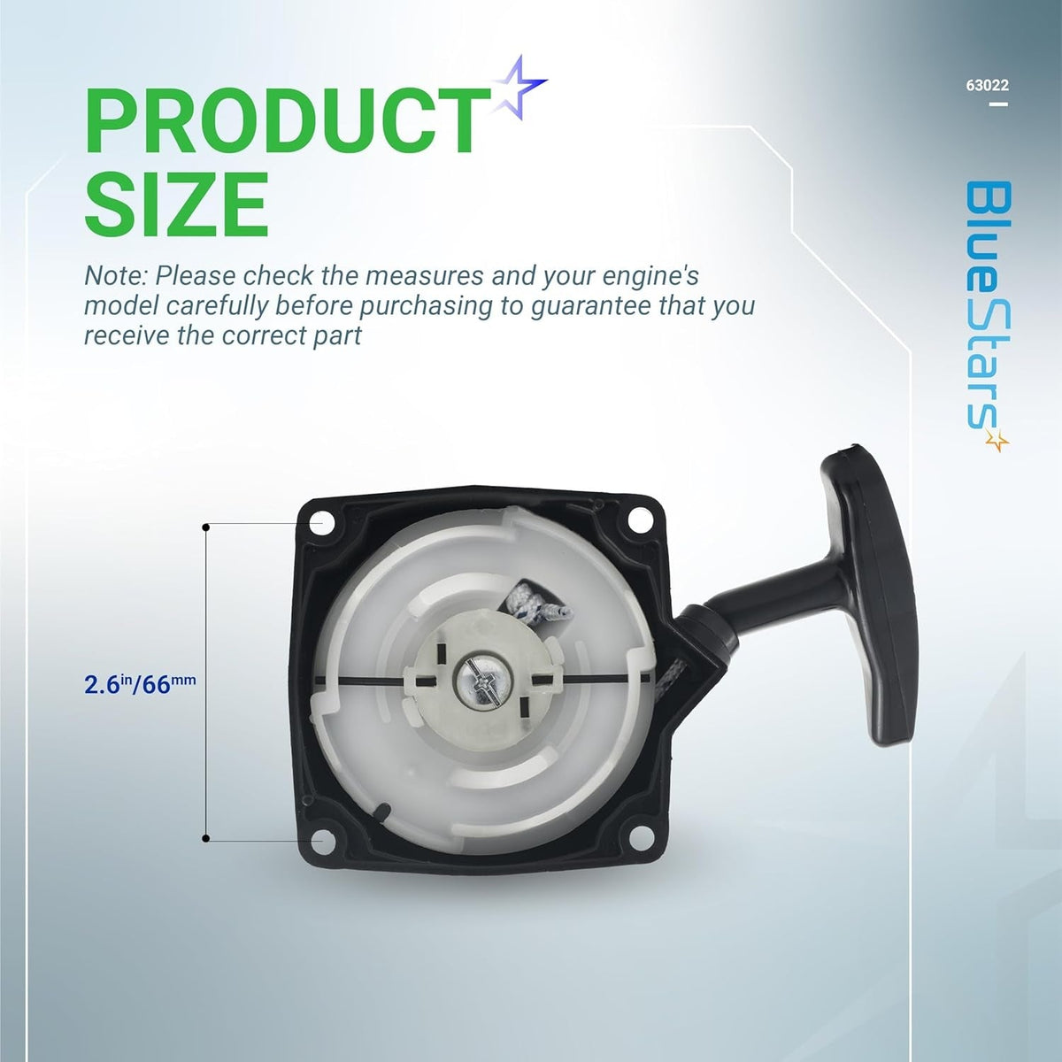 63022 pull start recoil starter showing 2.6 inch or 66mm measurement for 52CC earth auger engines.