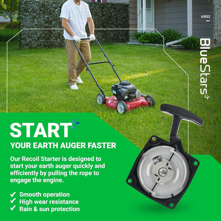 63022 pull start recoil starter for 52CC earth auger shown in a promotional graphic with lawn mower background.