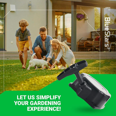 63022 pull start recoil starter for 52CC earth auger shown in a lifestyle marketing graphic.