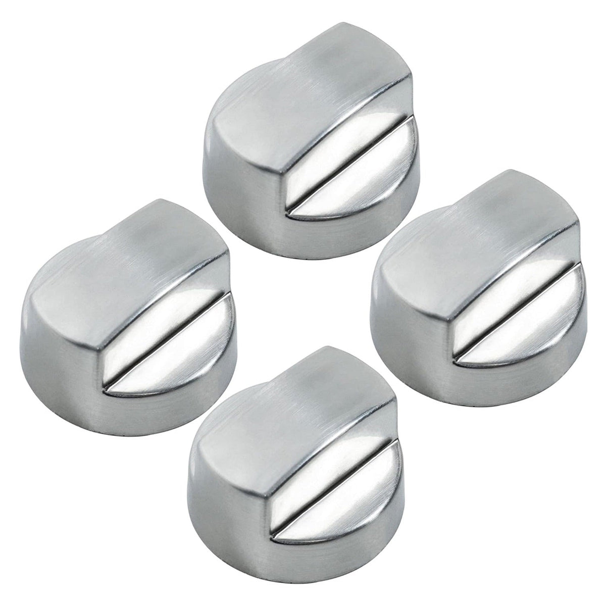 Set of four stainless steel replacement ventilation hood knobs for Sub-Zero Wolf range hoods.