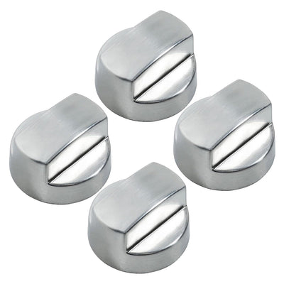 Set of four stainless steel replacement ventilation hood knobs for Sub-Zero Wolf range hoods.